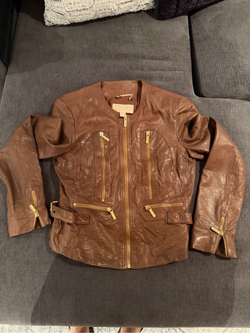 Michael Kors Brown Leather Zip Jacket with Gold Hardware